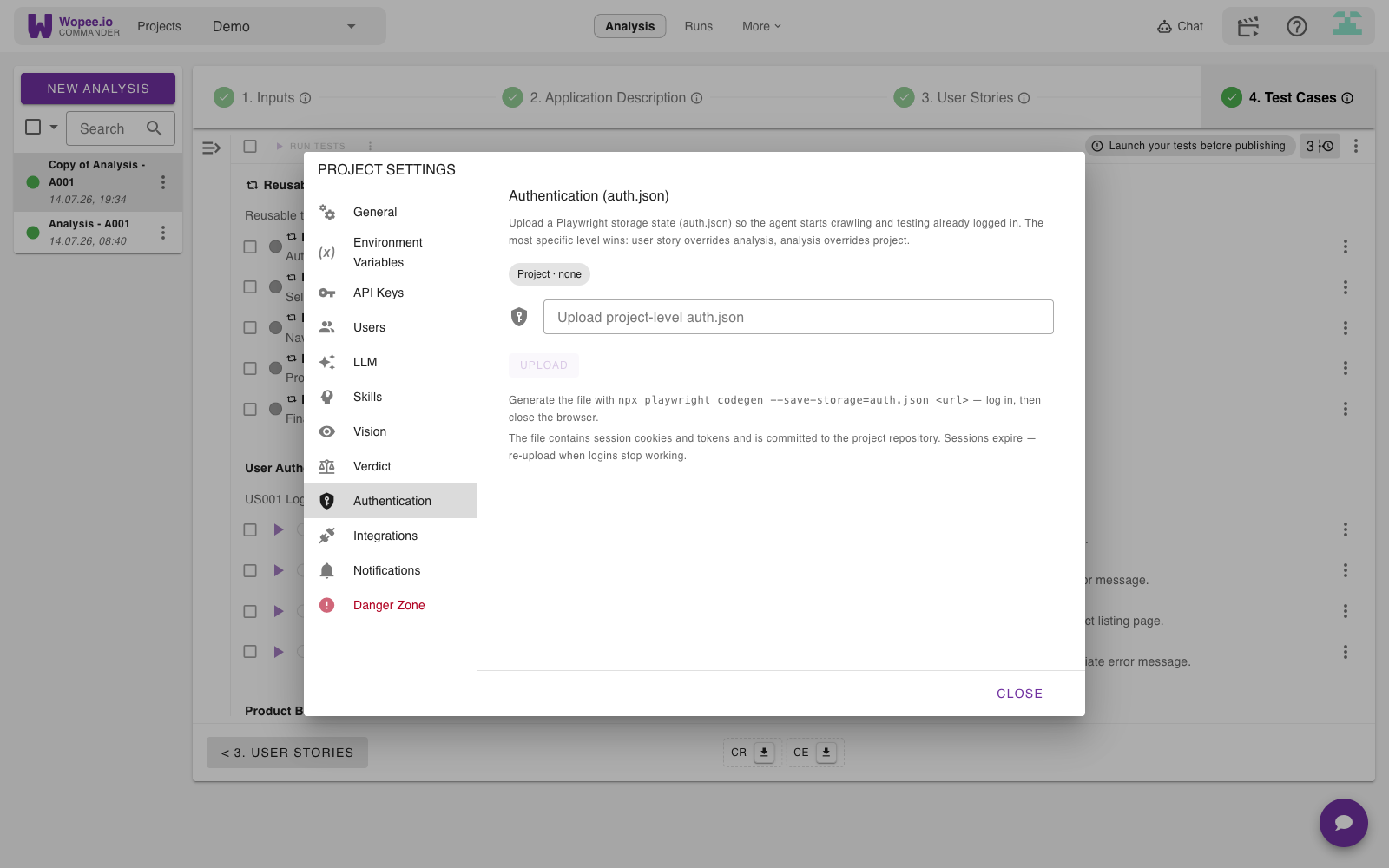 Project-level auth.json upload in Project Settings