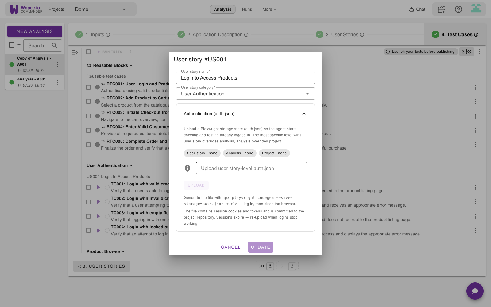 User-story-level auth.json upload in the user story dialog