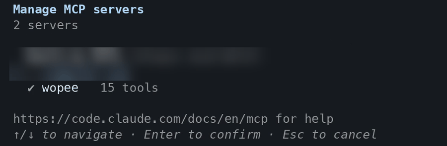 The /mcp list in Claude Code with wopee connected and 15 tools